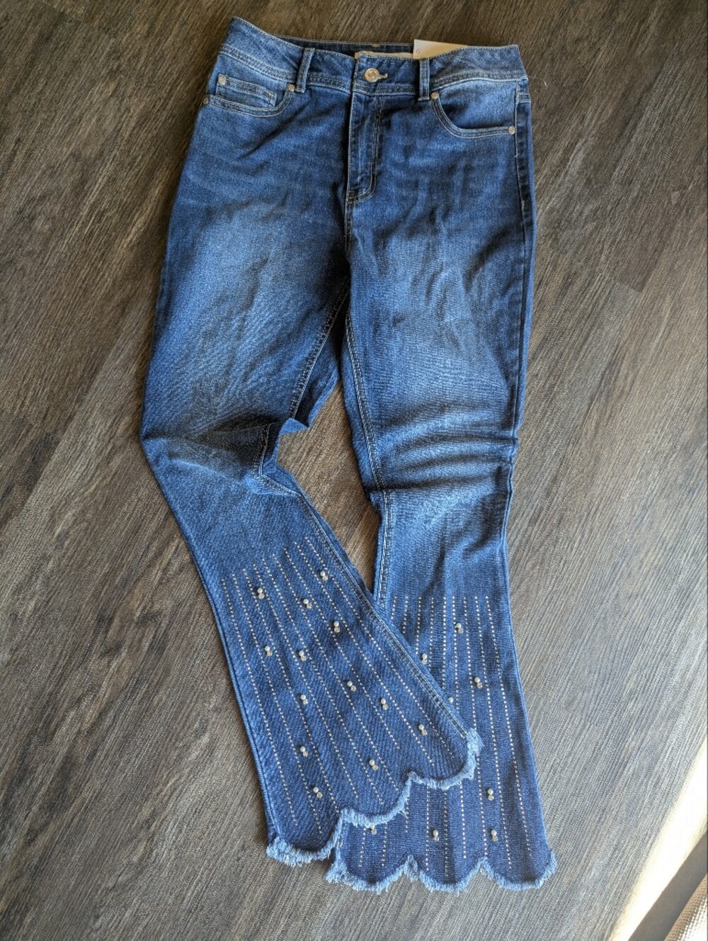 Women’s Cato Dark Blue Flare Embellished Scallop Hem Jeans